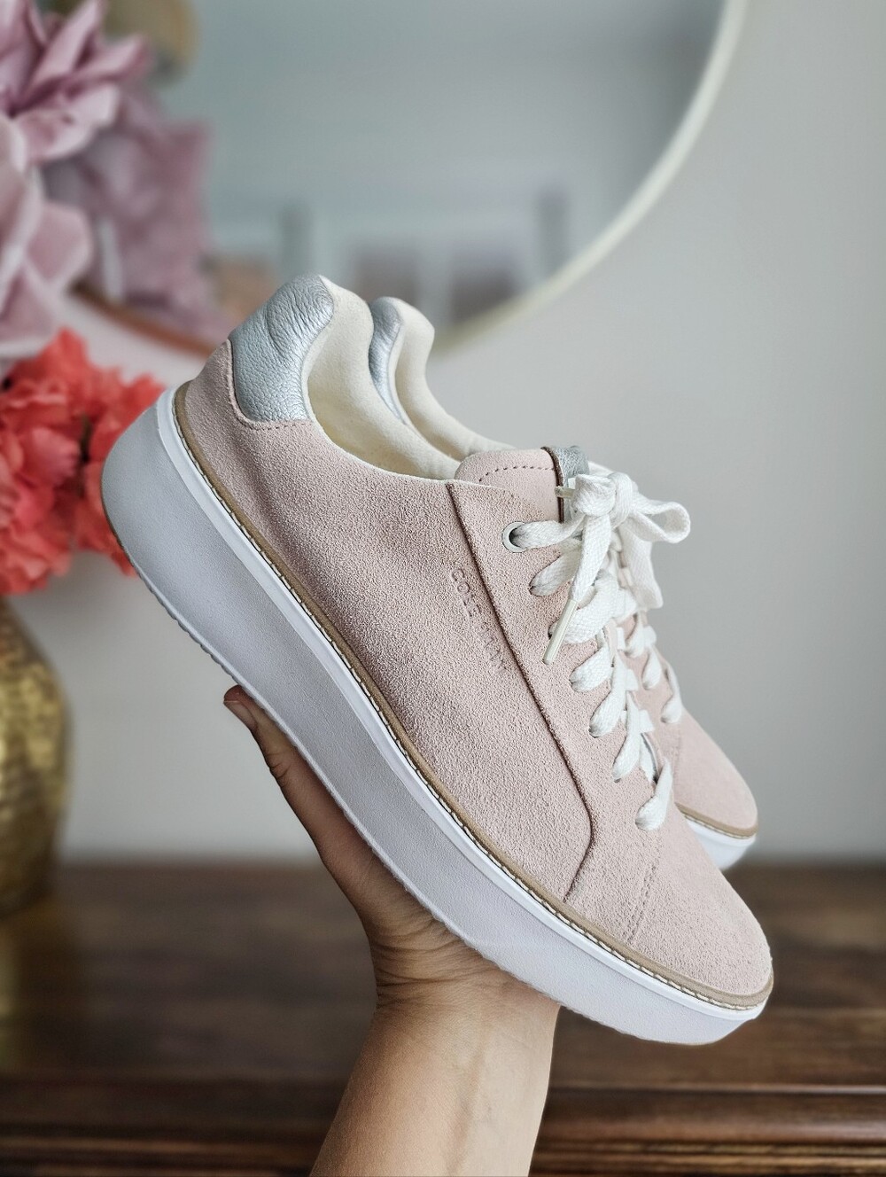 Cole Haan GrandSeries Pink Suede Platform Sneakers Silver Women's 9B